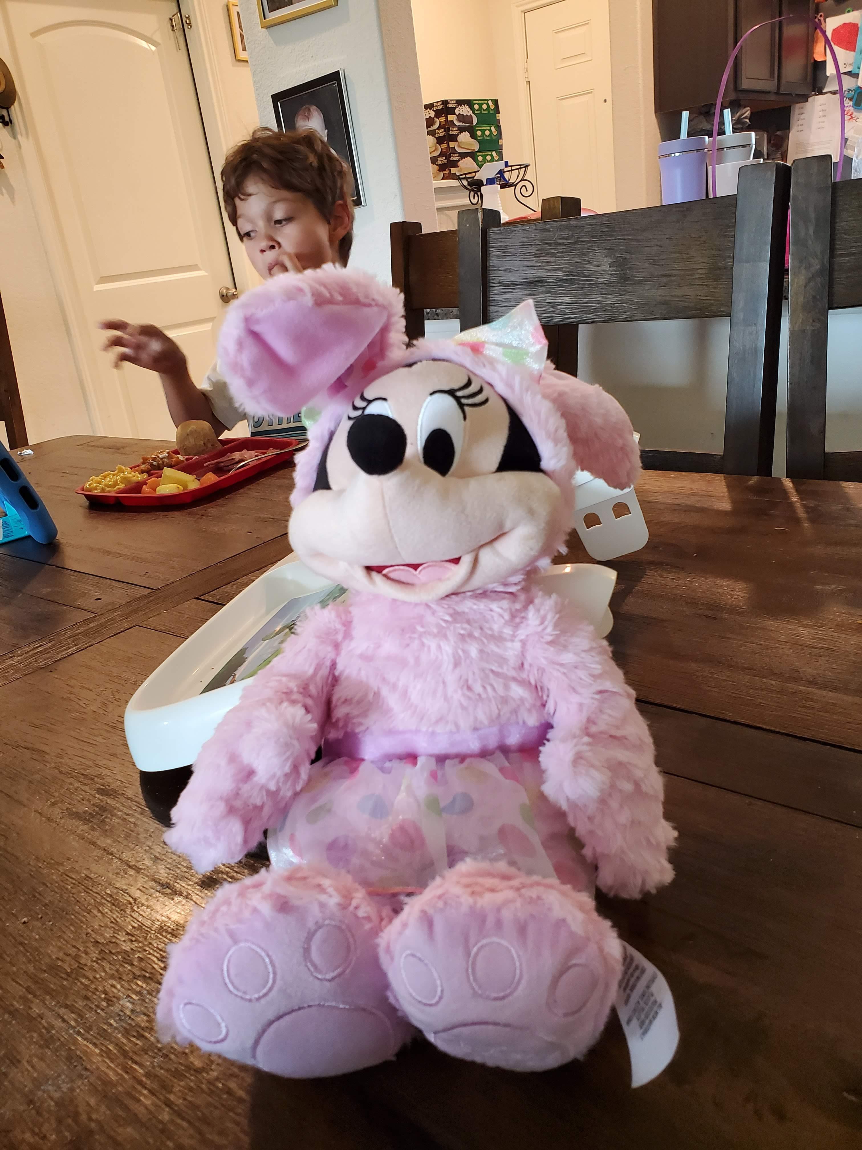 Stuffed doll. A pink bunny. Minnie Mouse face. Wearing a bow and tutu.