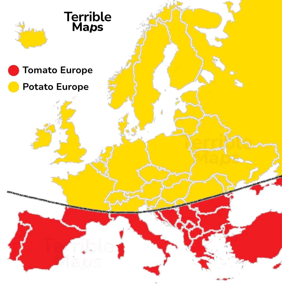 A map of Europe with a curved line dividing it roughly in half. The northern half, colored yellow, is labeled "Potato Europe". The southern half, colored red, is labeled Tomato Europe.