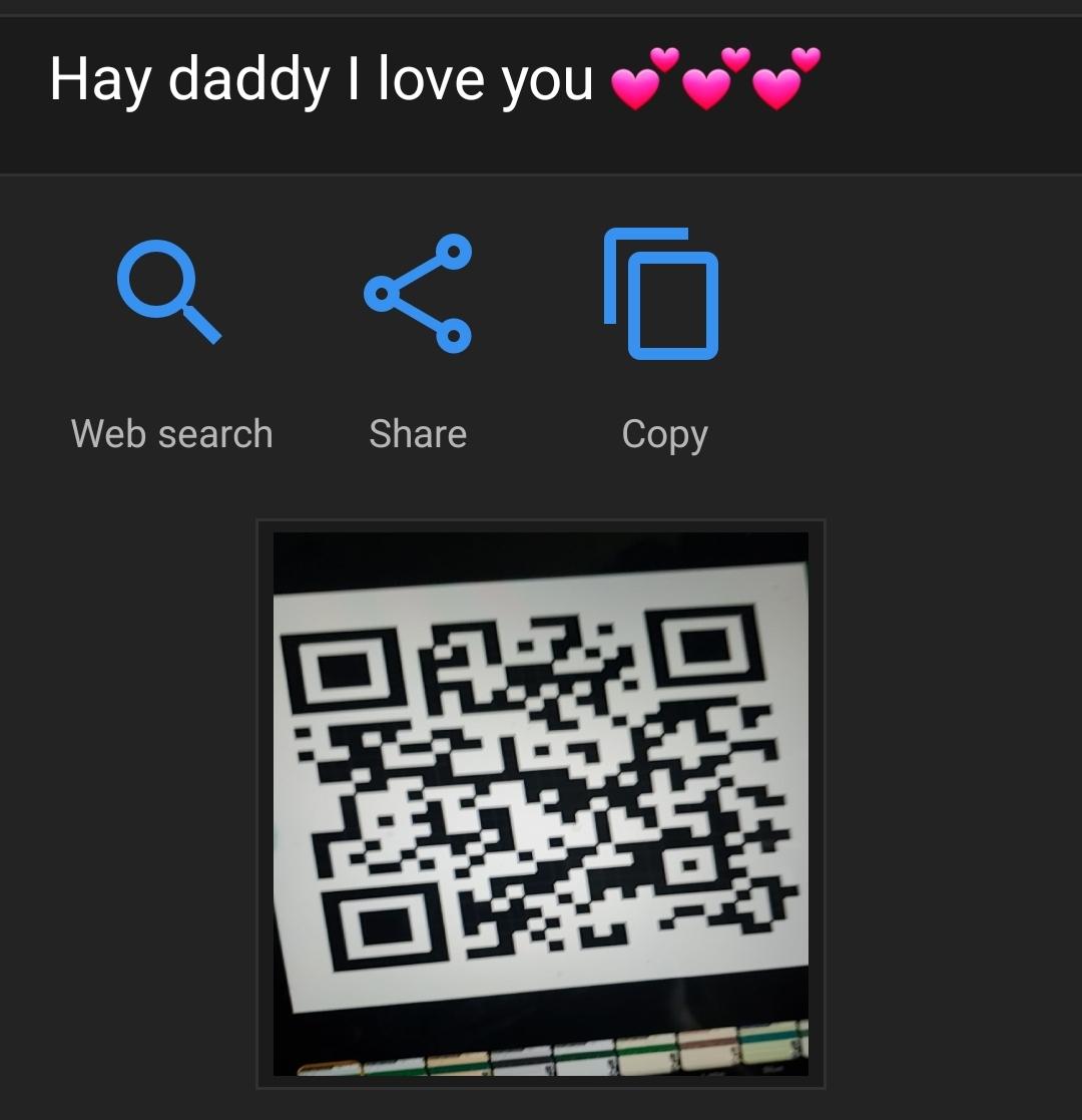 Screenshot from QR code app. QR code is displayed at the bottom. A search button in the middle, and the decoded text at the top, which reads, "Hay daddy I love you 💕💕💕"