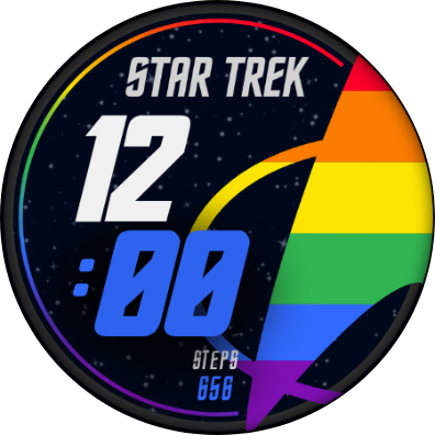 Screenshot of watch face. Along the top it reads "Star Trek". Along the bottom, "Steps: 656". The time is 12:00, in a slanted block font. Taking up most of the right side is the Star Trek logo (the Starfleet badge) in rainbow colors. Around the outside is a rainbow circle.