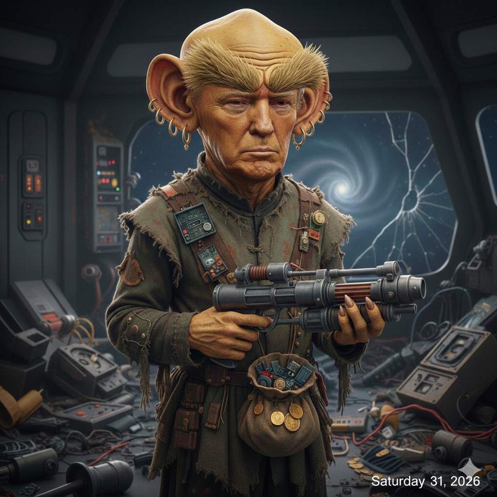 An AI generated image of Donald Trump. He has large Ferengi ears with a long line of golden earrings running down each of them. He has long bushy eyebrows like a Pakled. He has an "I don't know what's going on" look on his face, like he usually does. He's carrying a small blaster in his tiny baby hands.