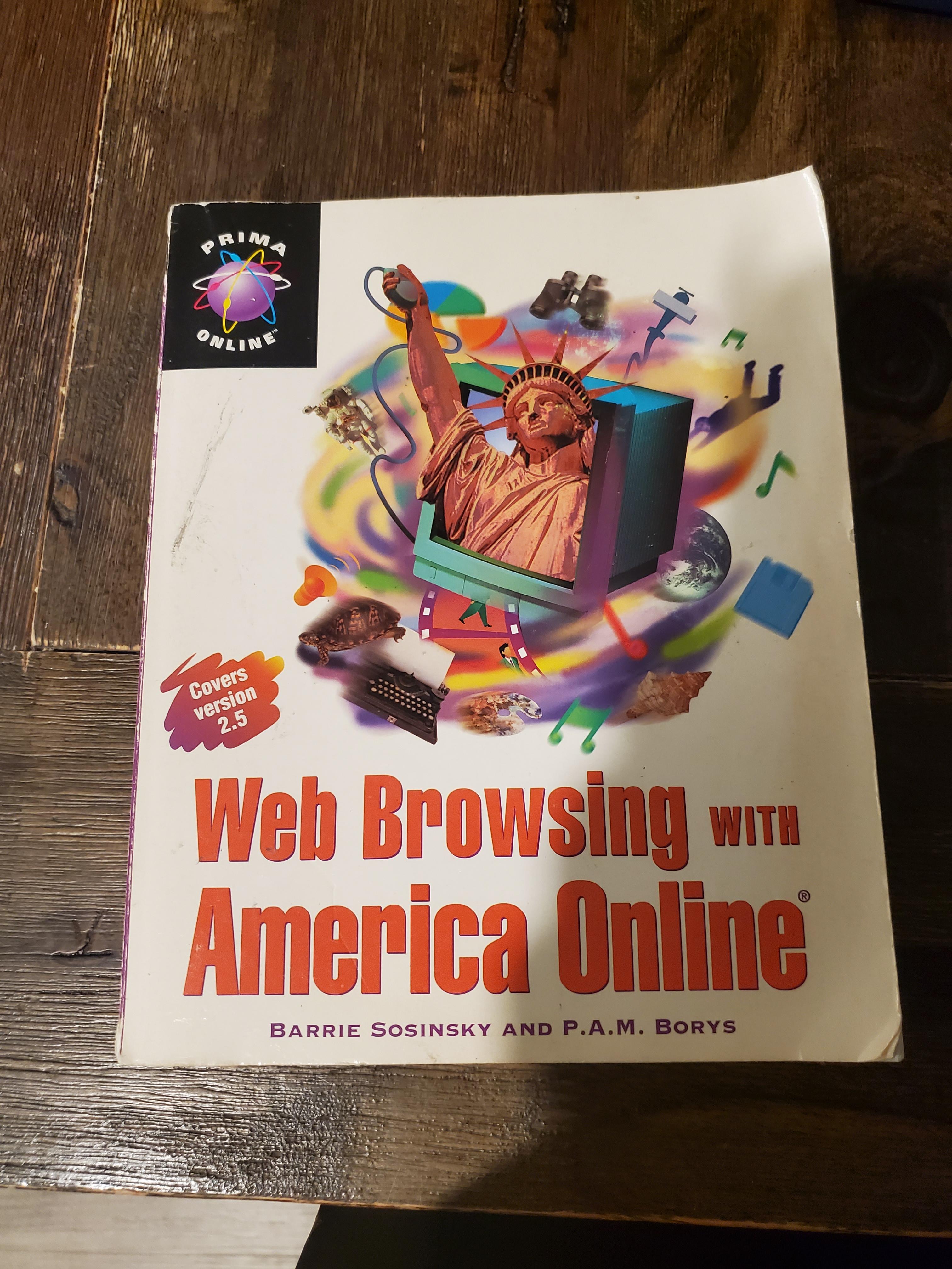 The book *Web Browsing with America Online*. In the middle is a village of images showing the Statue of Liberty coming out of a CRT TV. Surrounding it are various things, including a turtle, an old timey typewriter, the Earth, a floppy disk. On the side it says "Covers version 2.5", and the authors are Barrie Sosinsky and P.A.M. Body's.