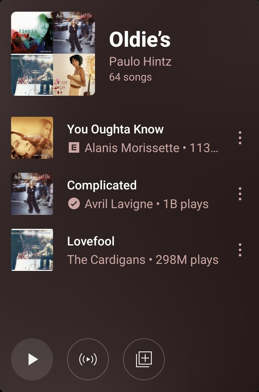 Screenshot of a YouTube Music playlist titled Oldies by Paulo Hintz, containing 64 songs. The first three are visible: You Oughta Know by Alanis Morrissette, Complicated by Avril Lavigne, and Lovefool by The Cardigans