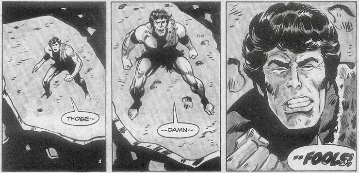 Three panels from the end of the Marvel Comics adaptation of Planet of the Apes, published in Planet of the Apes #6 (March 1975), with pencils by George Tuska, inks by Mike Esposito, and words by Doug Moench. It shows a man on the beach seen through the wreckage of the Statue of Liberty, moving into close-up through the three panels. Three words are spoken, one per panel: "Those -- damn -- FOOLS!"