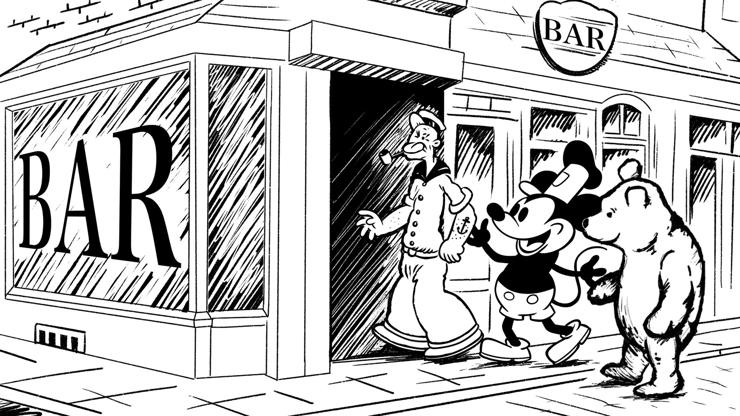 Black & white illustration of Popeye, Mickey Mouse & Winnie the Pooh walking into a bar. All characters are depicted as they were originally published. Original artwork by Wojtek Florek.