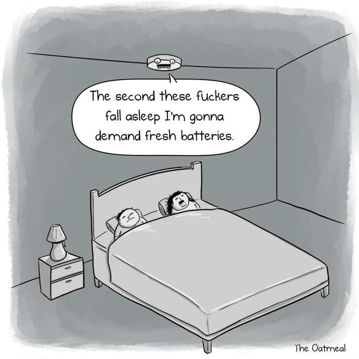 A couple is asleep in bed at night. Overhead, the smoke alarm is looking at them and saying “the second these fuckers fall asleep. I’m gonna demand fresh batteries”