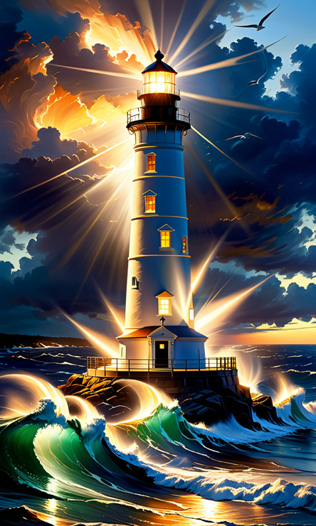 Illustration of a lighthouse. The lighthouse is the only structure on a lonely rock jutting out into the sea. In addition to the light coming from the lantern, the whole building seems to be emanating light. This storm clouds cover the sky above and a lone seagull flies past. Waves are crashing upon the rocks below. Even the waves are illuminated by the light from the lighthouse.