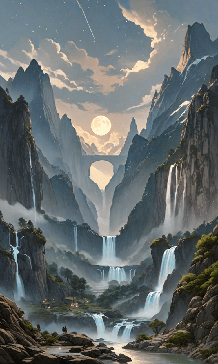 Towering mountains with multiple waterfalls cascading down multiple sides of the mountain. There are clouds lining the top of the mountains, with the moon rising through the clouds. Near the bottom is a small village. A bridge spans a waterfall across the middle with street lights across it. There are lights coming from the homes in the village.