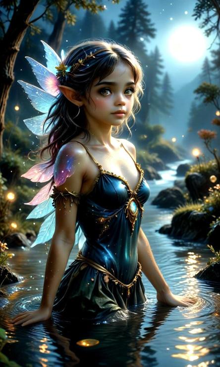 A young fairy girl stands in a stream. She wears a sleeveless blue dress with a jewel embedded into the chest. She wears a crown of leaves. She has a set of double wings, similar to a dragonfly, but smaller. It is nighttime. The moon is full, and reflects in the water. Glowing flowers dot the banks of the stream.