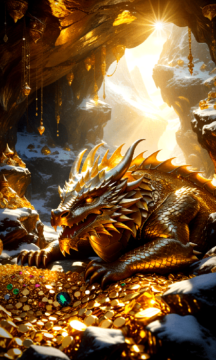 A golden dragon lays on top of a large hoard of gold and jewels. He is in a snow-covered cave with sunlight streaming in through the entrance. Golden lamps and censers hang like stalactites.
