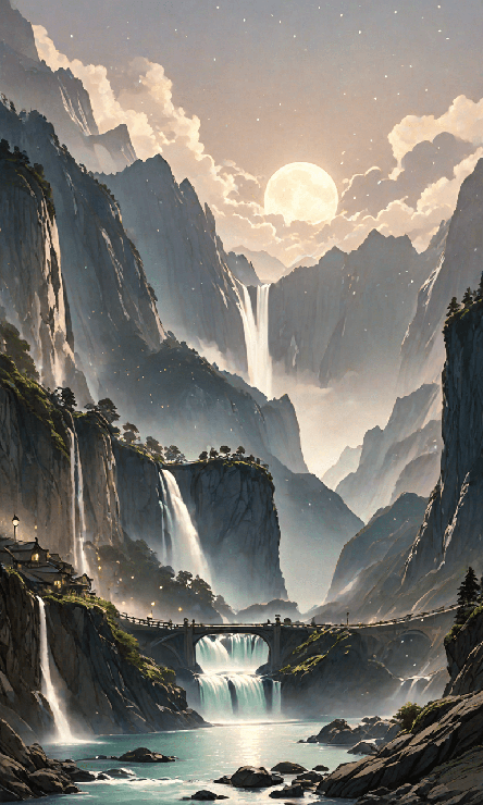 Towering mountains with multiple waterfalls cascading down multiple sides of the mountain. There are clouds lining the top of the mountains, with the moon rising through the clouds. Near the bottom is a small village. A bridge spans a waterfall across the middle with street lights across it. There are lights coming from the homes in the village.
