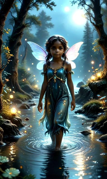 A young fairy girl stands in a stream. She wears a sleeveless blue dress with a small jewel embedded into the chest. She wears a crown of leaves. She has a set of double wings, similar to a dragonfly, but smaller. It is nighttime. The moon is full, and reflects in the water. Glowing flowers dot the banks of the stream.