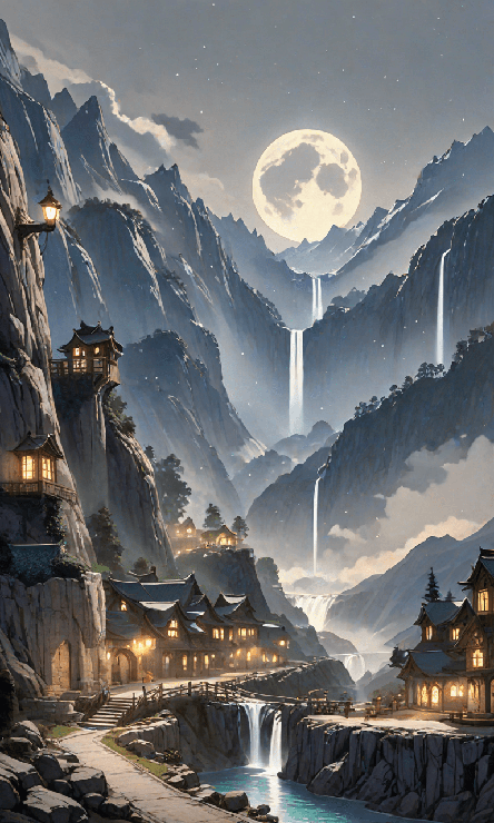 Towering mountains with multiple waterfalls cascading down multiple sides of the mountain. The moon rising. At the foothills is a small village. A few small buildings are higher up. A bridge spans a river. There are lights coming from the homes in the village.