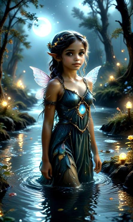 A young fairy girl stands in a stream. She wears a sleeveless blue dress with a large jewel embedded into the chest. She wears a crown of leaves. She has a set of double wings, similar to a dragonfly, but smaller. It is nighttime. The moon is full, and reflects in the water. Glowing flowers dot the banks of the stream.