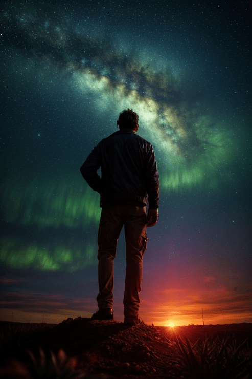 A man stands facing away from the viewer, looking westward into the sunset. The viewer is looking up at the man from the ground. The man is standing in the desert. A few small cacti are visible on the ground. The man is standing on a small mound of dirt. An aurora is visible in the sky. The sky is also filled with stars, while closer to the horizon near the setting sun, a few whispy clouds are seen.