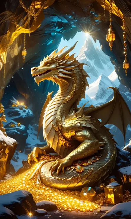 A golden dragon sits atop a large hoard of gold and jewels. He is in a snow-covered cave with sunlight streaming in through the entrance. Golden lamps and censers hang like stalactites. A snow-capped mountain peak can be seen in the background.