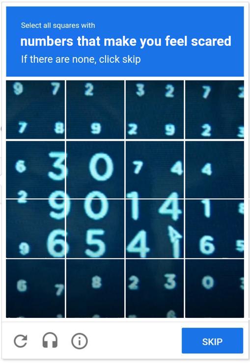 select all squares with numbers that make you feel scared. if there are none, click skip. [severance numbers with the google captcha grid on top, a lot of the numbers are mostly in one square but very slightly in another]