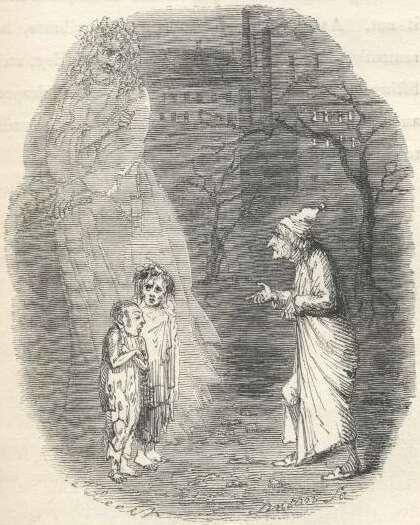 This image appears is an illustration from A Christmas Carol by Charles Dickens. The scene features three central figures and a ghostly presence in the background.

The central figure on the right is an elderly man, depicted in a long robe and a nightcap, likely representing Ebenezer Scrooge. He stands hunched over, reaching out with a curious or concerned gesture, emphasizing his transformation and vulnerability.

On the left are two children, "Ignorance" and "Want," who are emaciated and ragged, symbolizing societal neglect. They cling to each other, their expressions reflecting desperation and suffering. These figures are allegorical, representing Dickens' critique of social inequality and the consequences of indifference.

Behind the children looms a spectral figure, likely the Ghost of Christmas Present. The spirit has an imposing, ethereal presence, guiding Scrooge to confront the harsh realities of the world. The transparency and faint details of the ghost emphasize its otherworldly nature.