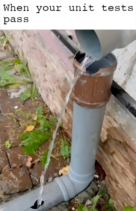 Caption reads: "When your unit tests pass"
Two drain pipes that should connect, but don't. A stream of water is flowing out of the top pipe, and into a crack on the side of the second, bypassing the opening that the water should go in.