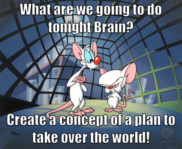 Pinky and the Brain where Pinky asks "what are we going to do tonight Brain?" and Brain responds "Create a concept of a plan to take over the world!"