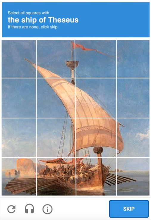 Painting of "Ship of Theseus" as CAPTCHA asking "Select all squares with the ship of Theseus"