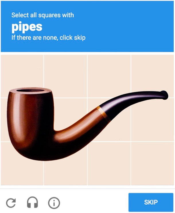 René Magritte's painting "This is not a pipe" as a CAPTCHA saying "Select all squares with pipes"