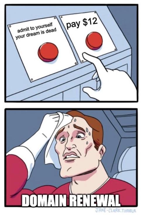 The “two buttons” meme labeled “admit to yourself your dream is dead” and “pay $12” with the caption “Domain Renewal.”