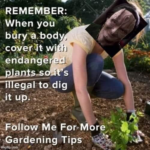 Gardener digging in the dirt with Garak’s head pasted on and the text: Remember: When you bury a body cover it with endangered plants so it's illegal to dig it up. Follow Me For More Gardening Tips