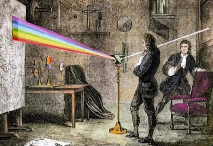 Newton using a prism to display the spectrum of colour