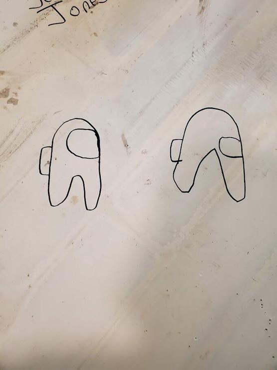 Two crudely drawn Among Us characters