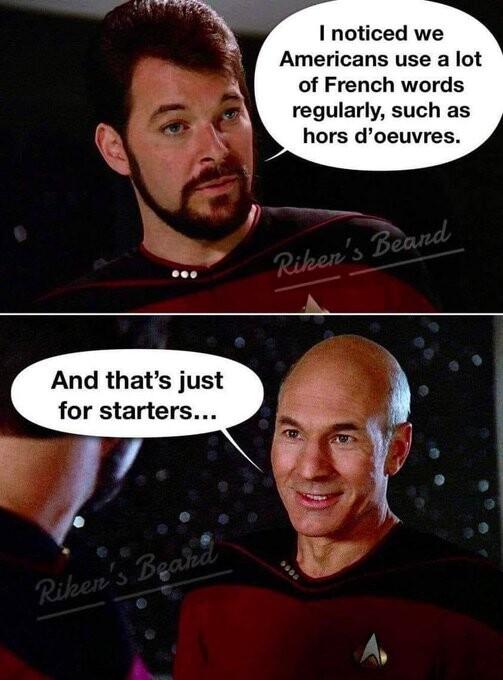 Lt. Ryker: I noticed we Americans use a lot of French words regularly, such as hors d'oeuvres.

Capt. Picard: And that's just for starters. 
