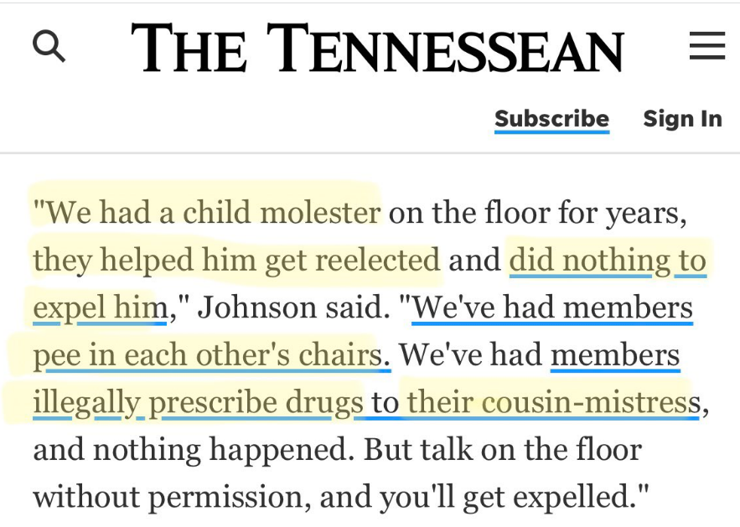 "We had a child molester on the floor for years, they helped him get reelected and did nothing to expel him," Johnson said. "We've had members pee in each other's chairs. We've had members illegally prescribe drugs to their cousin-mistress, and nothing happened. But talk on the floor without permission, and you'll get expelled."