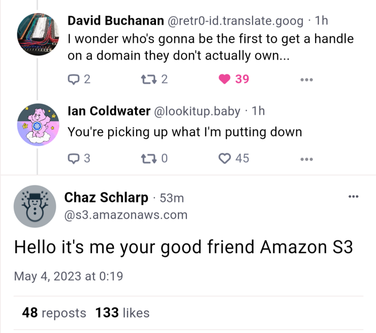 A screenshot of a bluesky post by user "s3.amazonaws.com" saying "Hello it's me your good friend Amazon S3"