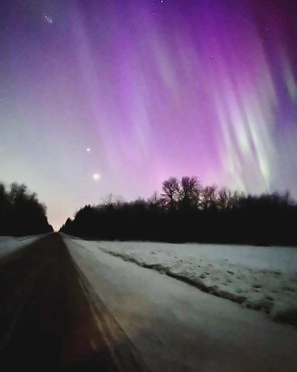 Purple and green aurora Borealis dancing in the sky on an open road with a dark tree line 