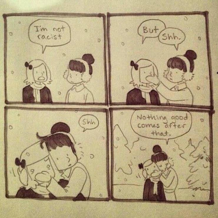 A pen-drawn cartoon depicting two characters, one blonde with a bow in their hair, the other with dark hair and wearing ear muffs. 
The blonde says “I’m not racist, but…” and the brunette quickly reaches out covering the blondes mouth with her hand, and says “Shh.”
The brunette moves in and hugs the blonde closely while maintaining the hold over the blonde’s mouth, and continues, “Shh Nothing good comes after that.”
Artist: Natalie Nourigat (@tallychyck on most sites)
