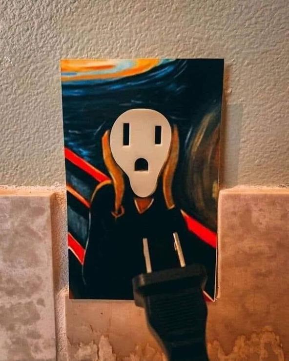 An electrical outlet cover painted like The Scream by Edvard Munch. The outlet is where the head should be, so the holes look like eye and mouth holes. 