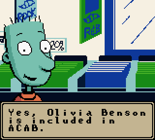 A screenshot from an 8-bit video game based on the 90s Nickelodeon show Doug. The character Skeeter, colored teal, looks at the viewer with a wide-eyed expression. A text box at the bottom reads, "Yes, Olivia Benson is included in ACAB." The background suggests a record store.