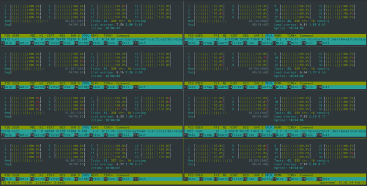 tmux mit Verbindung zu 8 Servern in jedem der 8 fenster läuft einhtop welches ~100% Auslastung aller 8 Server zeigt.
