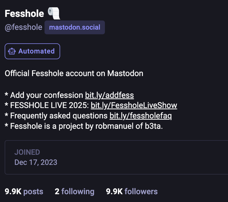 screengrab of Fesshole profile highlighting that we have 9.9k followers 