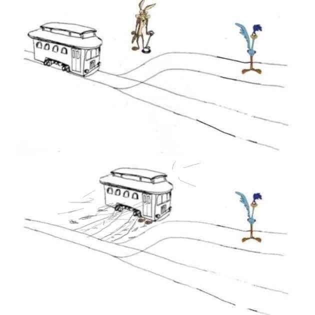 two panel comic with the trolley problem trolley headed for an empty track. roadrunner is on the other track, and the coyote is standing by the switch. in panel two, the trolley has left both tracks, going sideways to run over coyote.