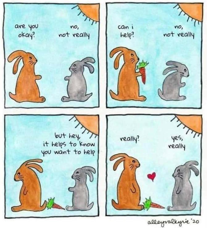 Artist: alleyralkyrie

1 - brown bunny "are you okay?" grey bunny "no, not really"

2 - brown bunny holding carrot "can i help?" grey bunny looking away "no, not really"

3 - brown bunny turns around looking sad and grey bunny turns to look at him "but, hey, it helps to know you want to help"

4 - bunnies looking at eachother heart between them ... brown bunny "really?" grey bunny "yes, really"