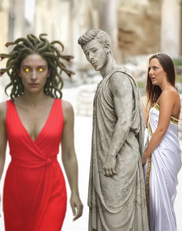 A variation of the "distracted boyfriend" meme.
In this version, everyone is in wearing togas, and the boyfriend has been turned to stone as he looks back at a passing Medusa.