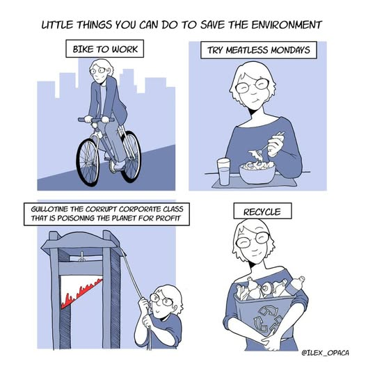 Little Things you can do to save the environment:

Bike to Work

Try Meatless Mondays

Guillotine the corrupt corporate class that is poisoning the planet for profit

Recycle

@ILEX_OPACA