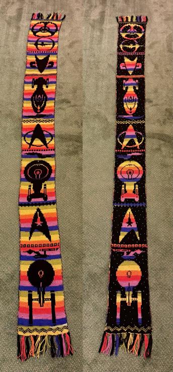 Left side shows whole scarf with black spaceships and insignias on a rainbow background. 

Right side is opposite. 

Includes TOS, TNG, Voyager, and DS9. 