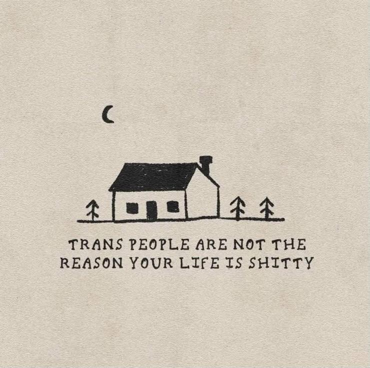 Line drawing of a small house with trees. The caption reads, "trans people are not the reason your life is shitty"