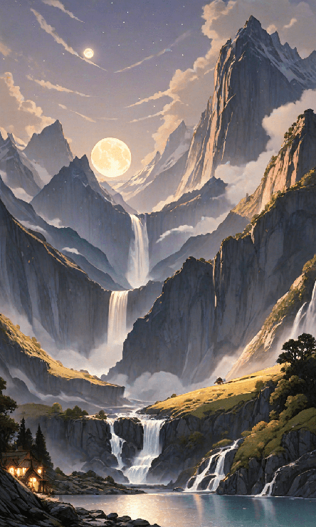 Towering mountains with multiple waterfalls cascading down the mountains. There are clouds lining the top of the mountains, with the moon rising through the clouds. A second, smaller moon is high in the sky. At the bottom is a large lake with a large building on the shore. The building is lit up inside.