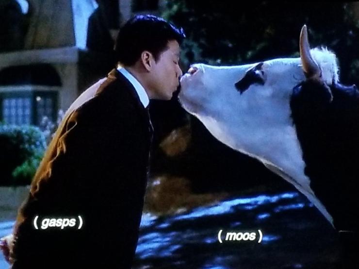 Star Trek Voyager scene. It's a romantic evening on the streets of a charming little town with I'm sure a folksy name like 'Fair Haven' or something. Ensign Harry Kim, dressed in an overcoat, leans in with a full heart and closed eyes and kisses a large black and white Holstein cow right on the mouth. Two closed captions are simultaneously present: On Harry's side of the screen the caption reads,  "(gasps)" and on the cow side of the screen the caption reads, "(moos)".