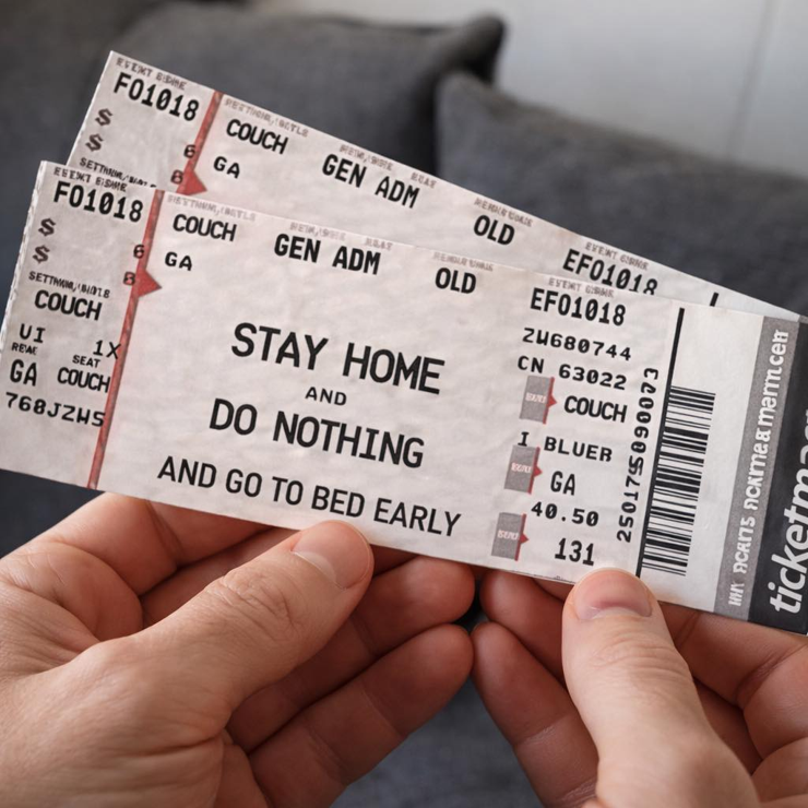 A pair of fake concert tickets with text that would normally list 3 bands, but the text says "STAY HOME and DO NOTHING and GO TO BED EARLY." 