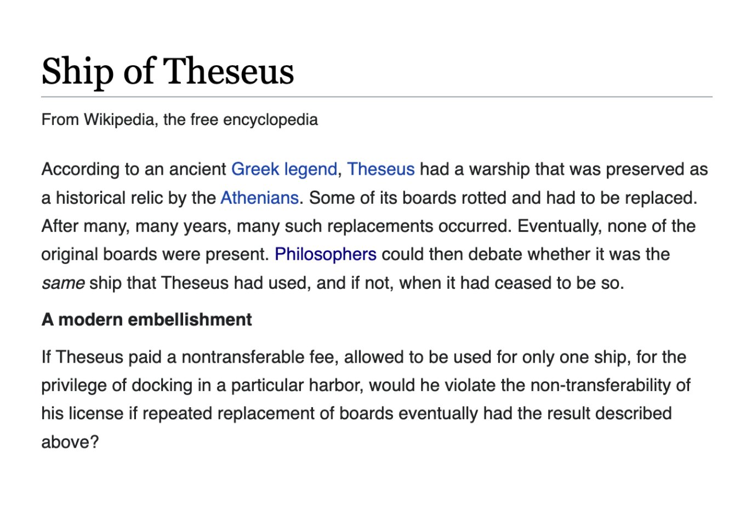 A Wikipedia page for Ship of Theseus is shown. The article reads "According to an ancient Greek legend, Theseus had a warship that was preserved as a historical relic by the Athenians. Some of its boards rotted and had to be replaced. After many, many years, many such replacements occurred. Eventually, none of the original boards were present. Philosophers could then debate whether it was the same ship that Theseus had used, and if not, when it had ceased to be so.
A modern embellishment
If Theseus paid a nontransferable fee, allowed to be used for only one ship, for the privilege of docking in a particular harbor, would he violate the non-transferability of his license if repeated replacement of boards eventually had the result described above?"