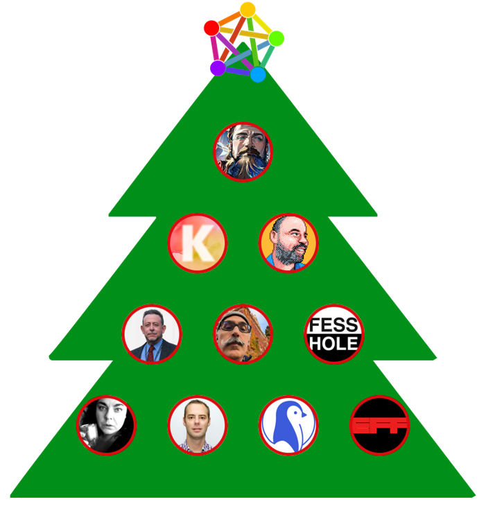 A simple drawing of a fir tree, crowned with the pentagon symbolizing the Fediverse.There are some christmas bulbs hanging in the tree, which have the avatars of the following accounts inside:

@danjones000@microwords.goodevilgenius.org
@kottke@mastodon.social
@maxleibman@beige.party
@w7voa@journa.host
@evan@cosocial.ca
@fesshole@mastodon.social
@RickiTarr@beige.party
@jkottke@saturation.social
@nixCraft@mastodon.social
@eff@mastodon.social

The accounts appear in the tree in the same order, from top to bottom and from left to right. The order symbolizes the number of interactions, from most to least.

The Fediverse logo was created by @eudaimon@fe.disroot.org and the tree design was obtained from https://freesvgdesigns.com